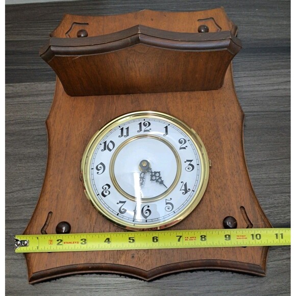 Vintage Quartz Wall Clock, Brown & Gold Wooden Wall Clock With Shelf 15"X11" - Picture 4 of 6
